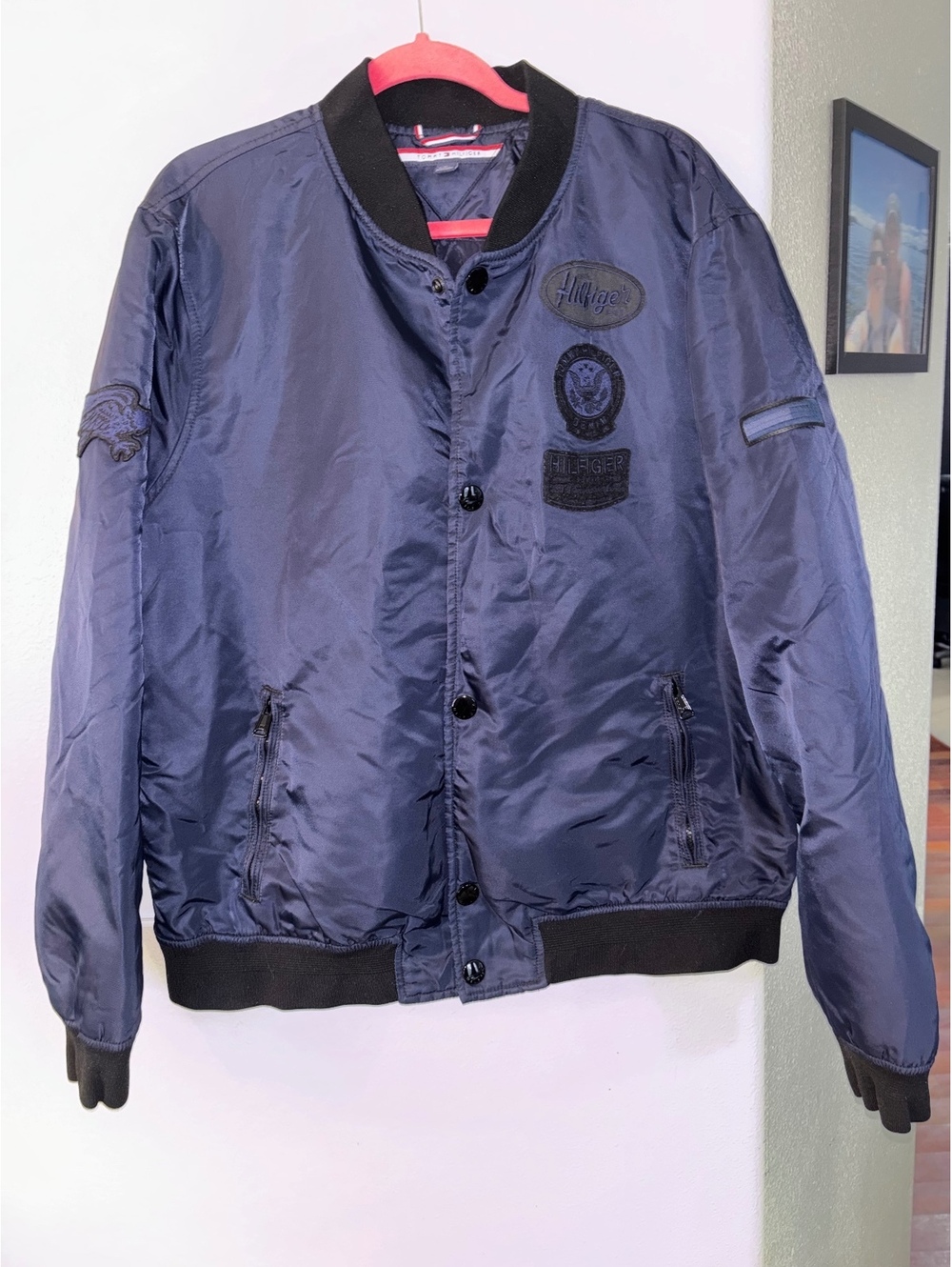 Tommy Hilfiger Crest Patch Relaxed Satin Bomber Jacket Navy XL